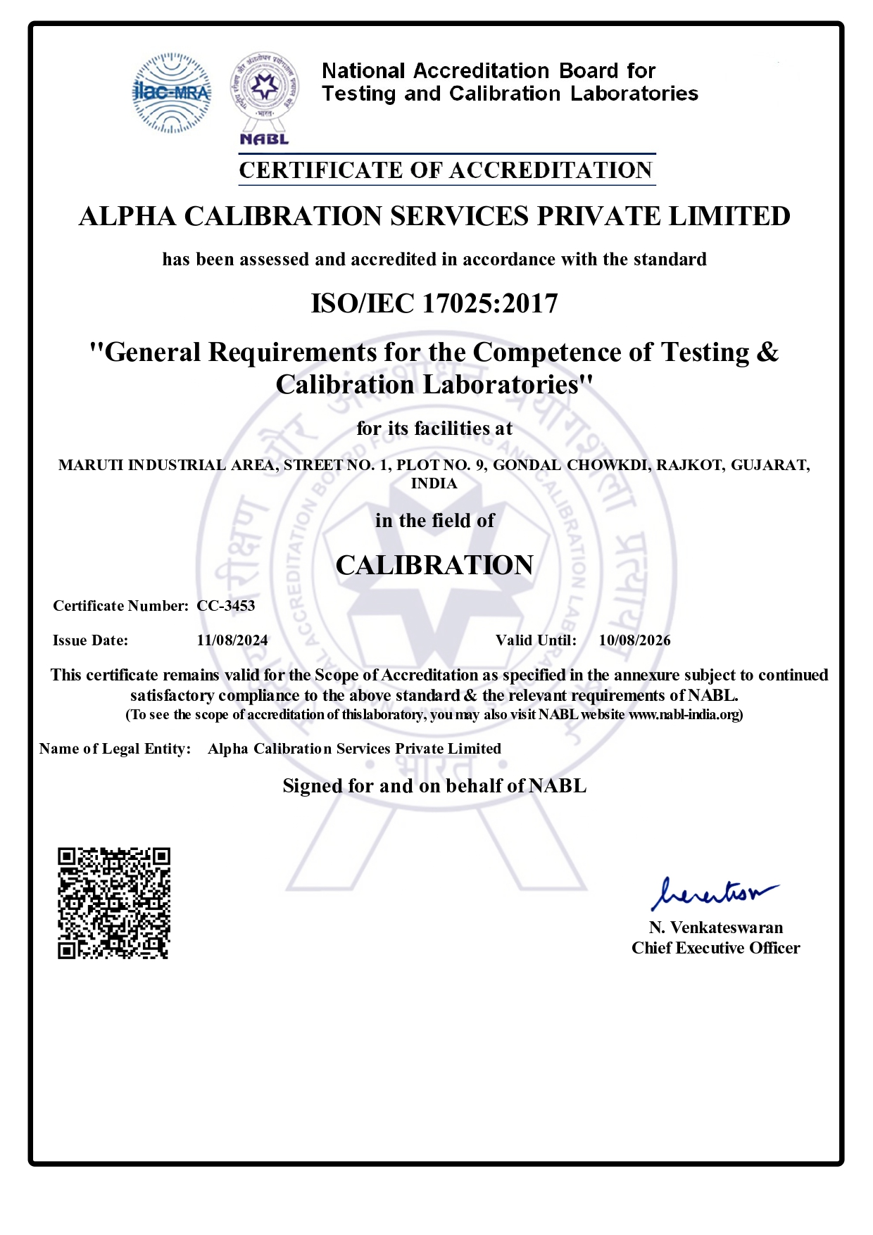 Alpha Calibration Services PVT LTD Certificate
